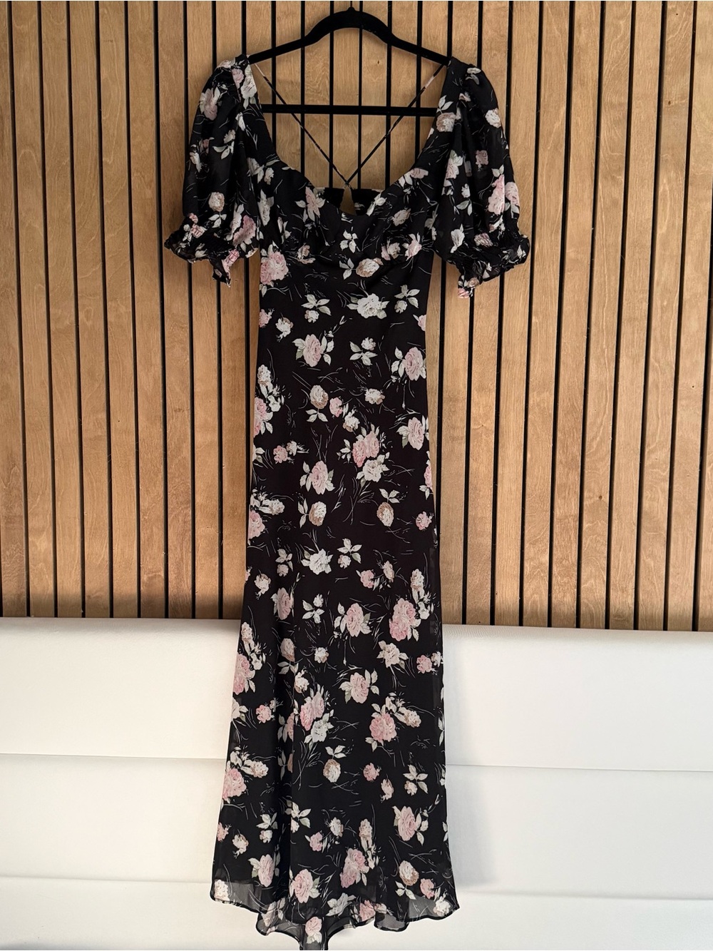 Vici Black Floral Puff-Sleeve Maxi Dress with Pink and Cream Blooms